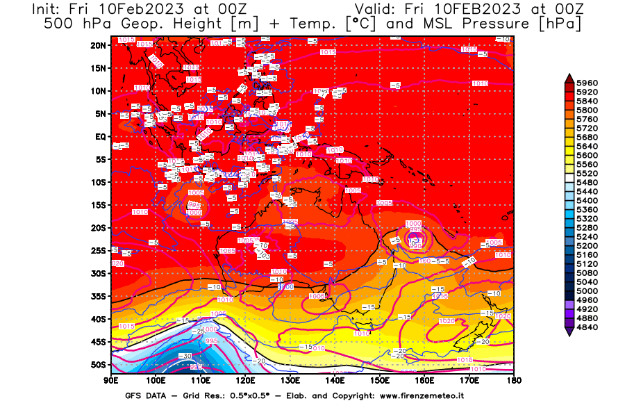 Mappa di analisi GFS - Geopotenziale [m] + Temp. [°C] a 500 hPa + Press. a livello del mare [hPa] in Oceania
							del 10/02/2023 00 <!--googleoff: index-->UTC<!--googleon: index-->