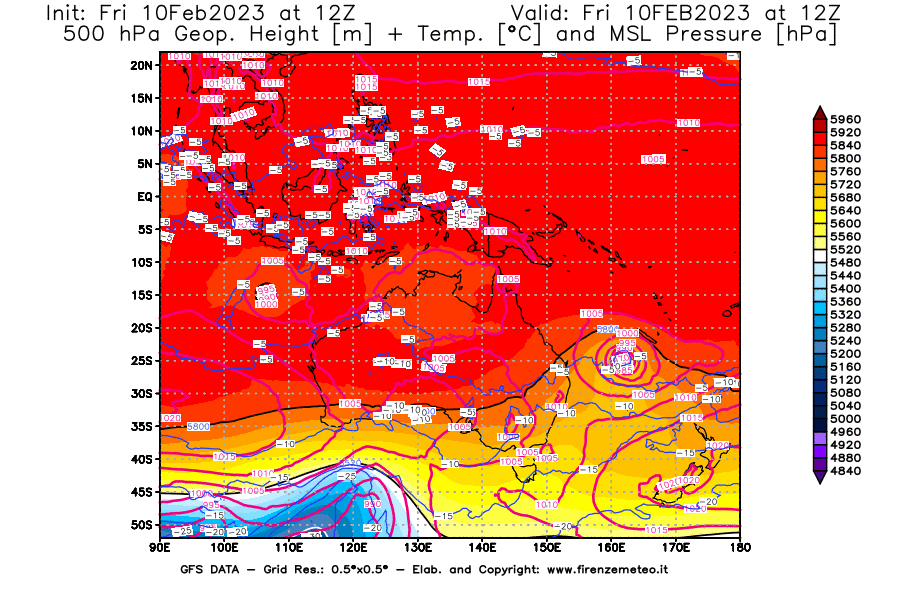 Mappa di analisi GFS - Geopotenziale [m] + Temp. [°C] a 500 hPa + Press. a livello del mare [hPa] in Oceania
							del 10/02/2023 12 <!--googleoff: index-->UTC<!--googleon: index-->