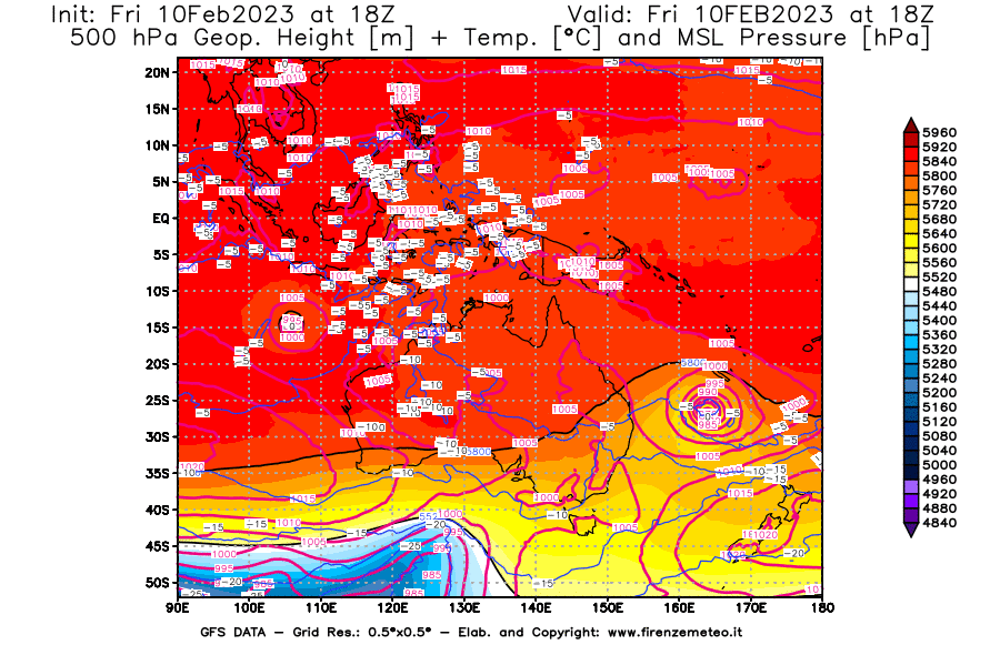 Mappa di analisi GFS - Geopotenziale [m] + Temp. [°C] a 500 hPa + Press. a livello del mare [hPa] in Oceania
							del 10/02/2023 18 <!--googleoff: index-->UTC<!--googleon: index-->