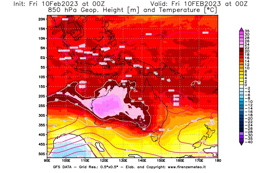 Mappa di analisi GFS - Geopotenziale [m] e Temperatura [°C] a 850 hPa in Oceania
							del 10/02/2023 00 <!--googleoff: index-->UTC<!--googleon: index-->