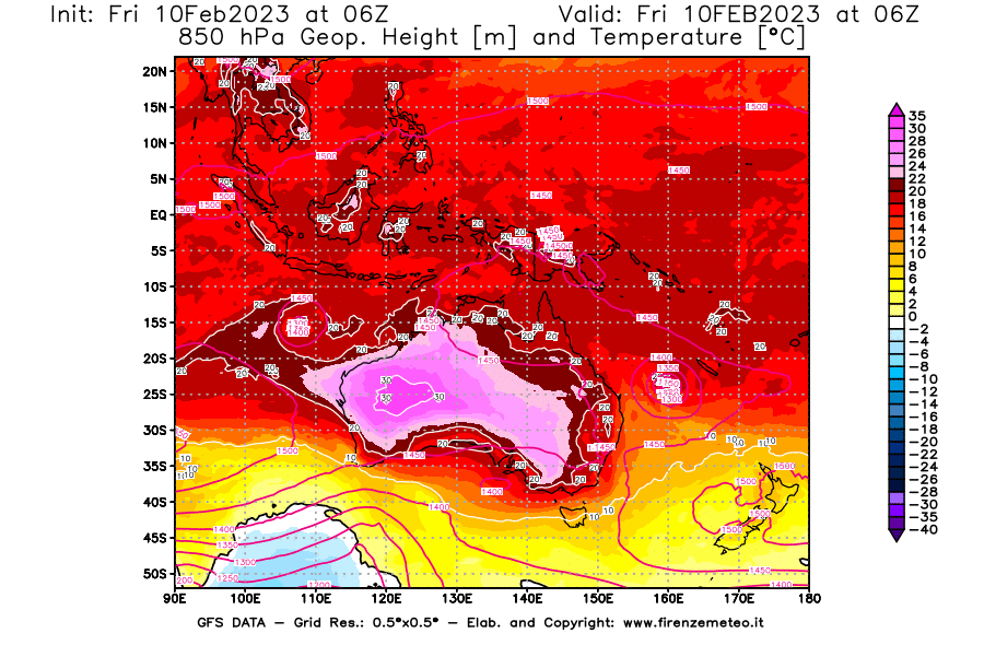 Mappa di analisi GFS - Geopotenziale [m] e Temperatura [°C] a 850 hPa in Oceania
							del 10/02/2023 06 <!--googleoff: index-->UTC<!--googleon: index-->