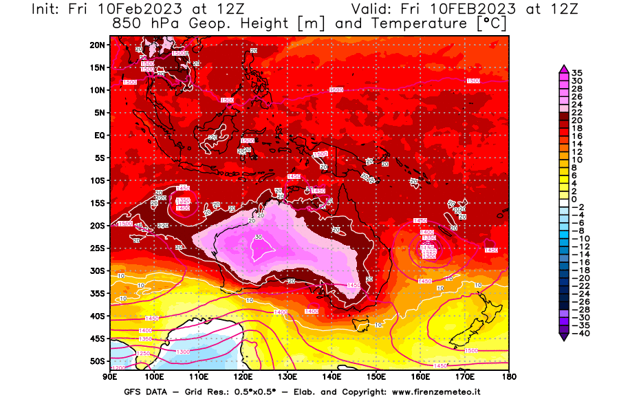 Mappa di analisi GFS - Geopotenziale [m] e Temperatura [°C] a 850 hPa in Oceania
							del 10/02/2023 12 <!--googleoff: index-->UTC<!--googleon: index-->