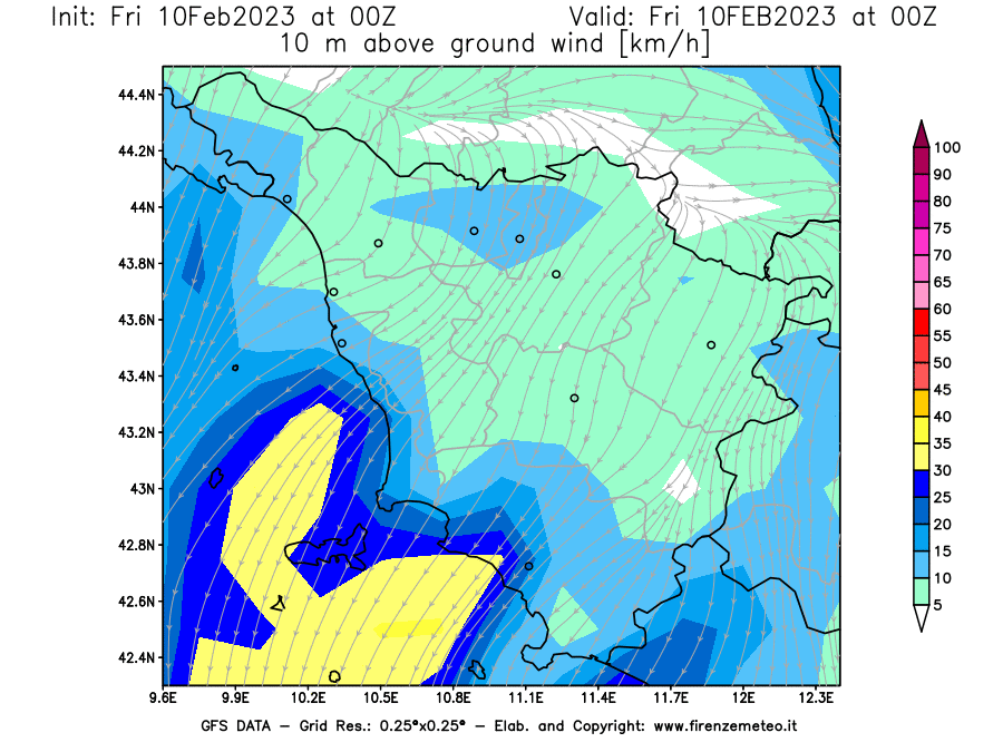 Mappa di analisi GFS - Velocità del vento a 10 metri dal suolo [km/h] in Toscana
							del 10/02/2023 00 <!--googleoff: index-->UTC<!--googleon: index-->
