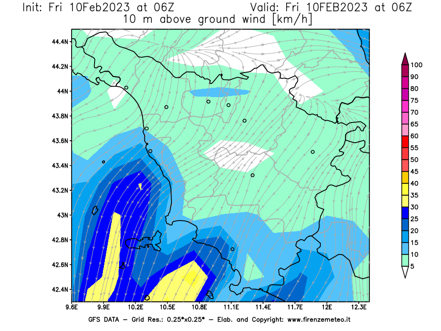Mappa di analisi GFS - Velocità del vento a 10 metri dal suolo [km/h] in Toscana
							del 10/02/2023 06 <!--googleoff: index-->UTC<!--googleon: index-->