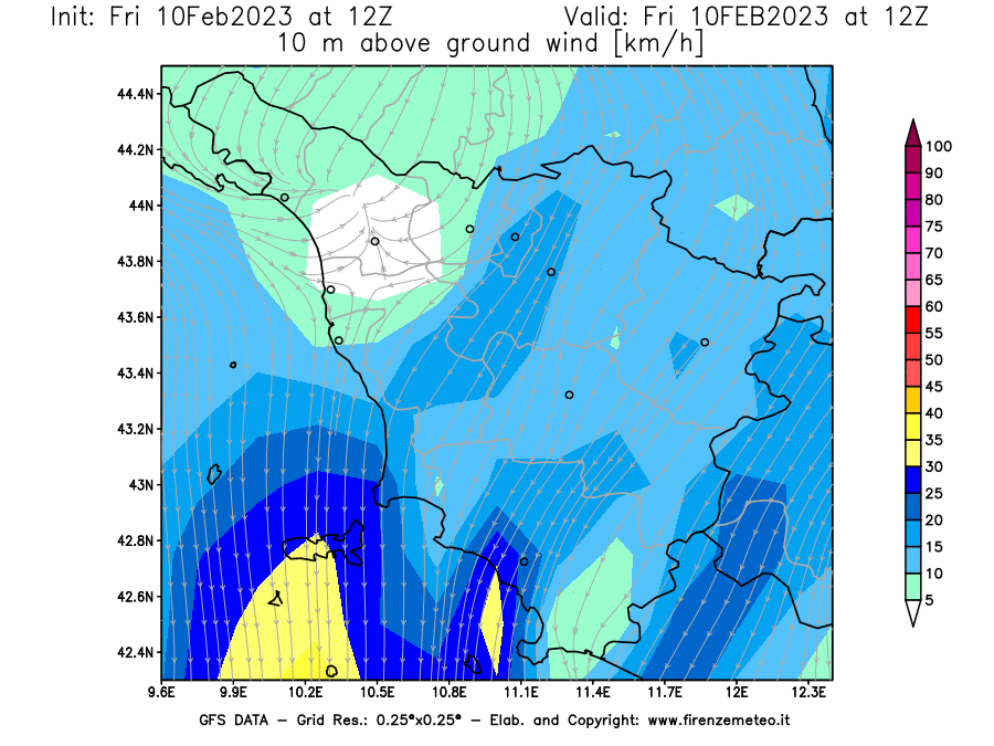 Mappa di analisi GFS - Velocità del vento a 10 metri dal suolo [km/h] in Toscana
							del 10/02/2023 12 <!--googleoff: index-->UTC<!--googleon: index-->