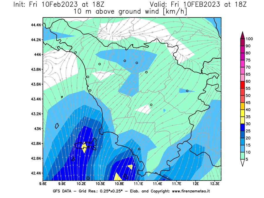 Mappa di analisi GFS - Velocità del vento a 10 metri dal suolo [km/h] in Toscana
							del 10/02/2023 18 <!--googleoff: index-->UTC<!--googleon: index-->