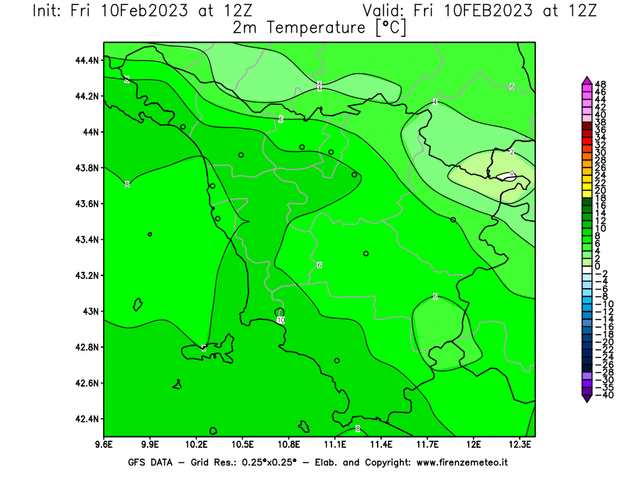 Mappa di analisi GFS - Temperatura a 2 metri dal suolo [°C] in Toscana
							del 10/02/2023 12 <!--googleoff: index-->UTC<!--googleon: index-->