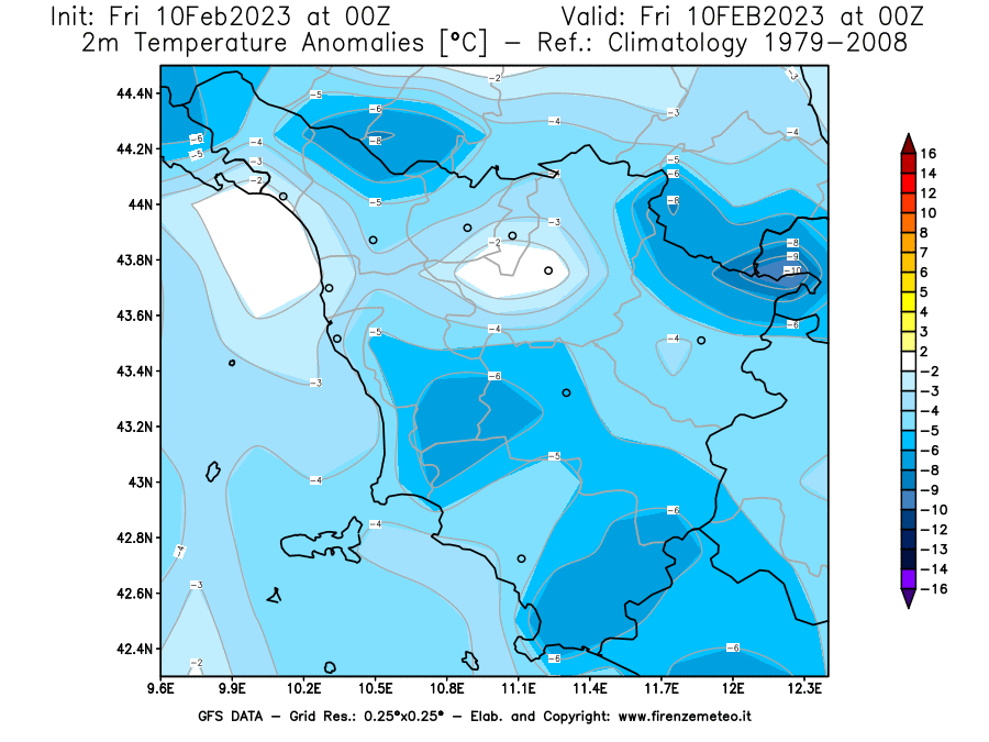 Mappa di analisi GFS - Anomalia Temperatura [°C] a 2 m in Toscana
							del 10/02/2023 00 <!--googleoff: index-->UTC<!--googleon: index-->