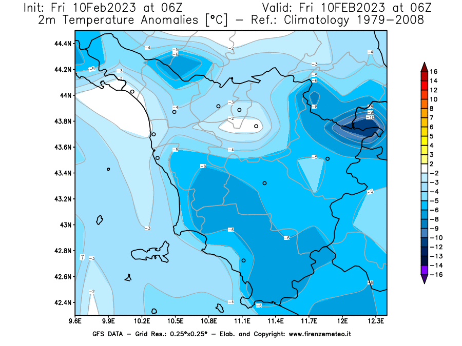 Mappa di analisi GFS - Anomalia Temperatura [°C] a 2 m in Toscana
							del 10/02/2023 06 <!--googleoff: index-->UTC<!--googleon: index-->