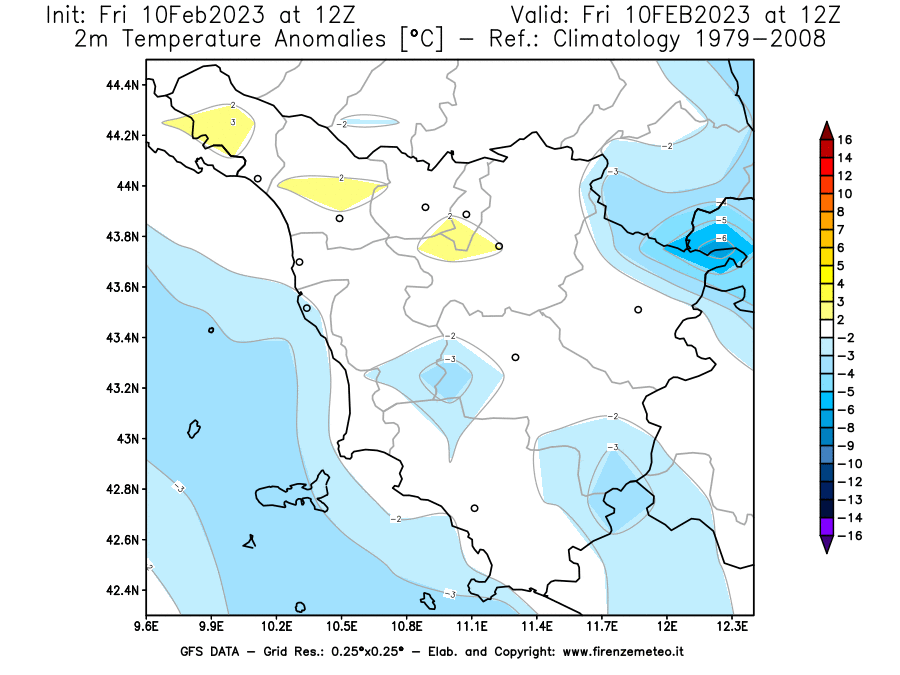 Mappa di analisi GFS - Anomalia Temperatura [°C] a 2 m in Toscana
							del 10/02/2023 12 <!--googleoff: index-->UTC<!--googleon: index-->