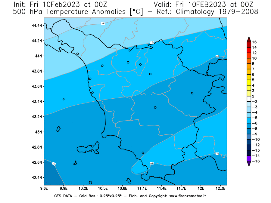 Mappa di analisi GFS - Anomalia Temperatura [°C] a 500 hPa in Toscana
							del 10/02/2023 00 <!--googleoff: index-->UTC<!--googleon: index-->