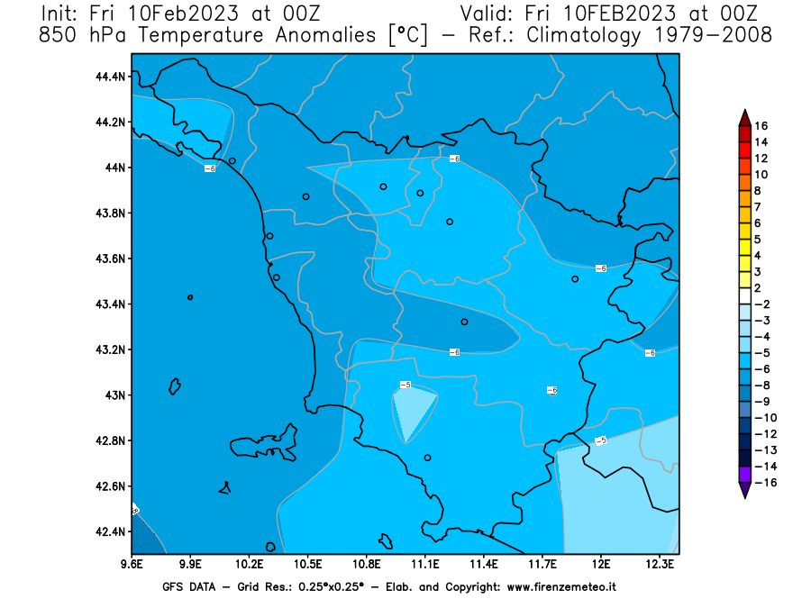 Mappa di analisi GFS - Anomalia Temperatura [°C] a 850 hPa in Toscana
							del 10/02/2023 00 <!--googleoff: index-->UTC<!--googleon: index-->