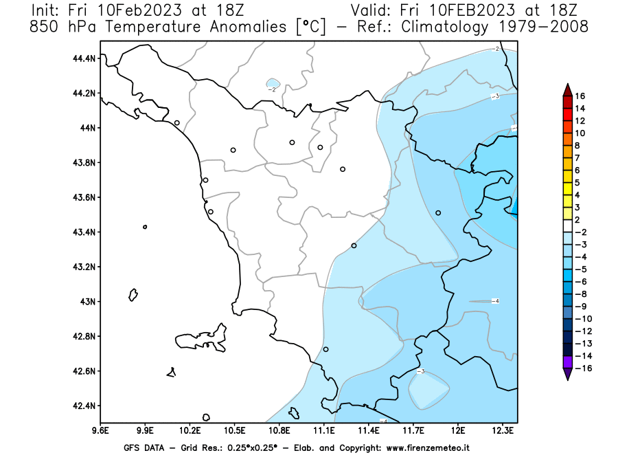 Mappa di analisi GFS - Anomalia Temperatura [°C] a 850 hPa in Toscana
							del 10/02/2023 18 <!--googleoff: index-->UTC<!--googleon: index-->
