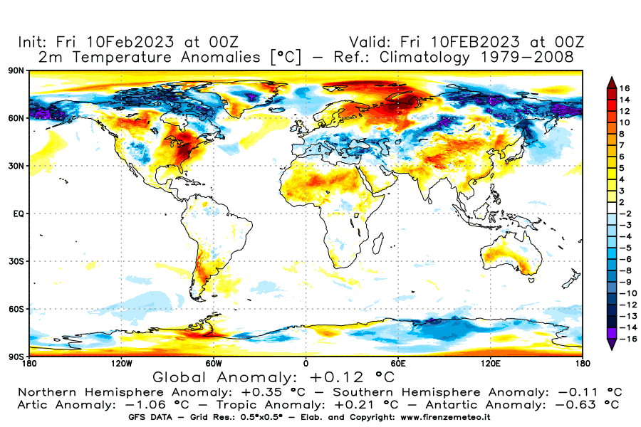 Mappa di analisi GFS - Anomalia Temperatura [°C] a 2 m in World
							del 10/02/2023 00 <!--googleoff: index-->UTC<!--googleon: index-->
