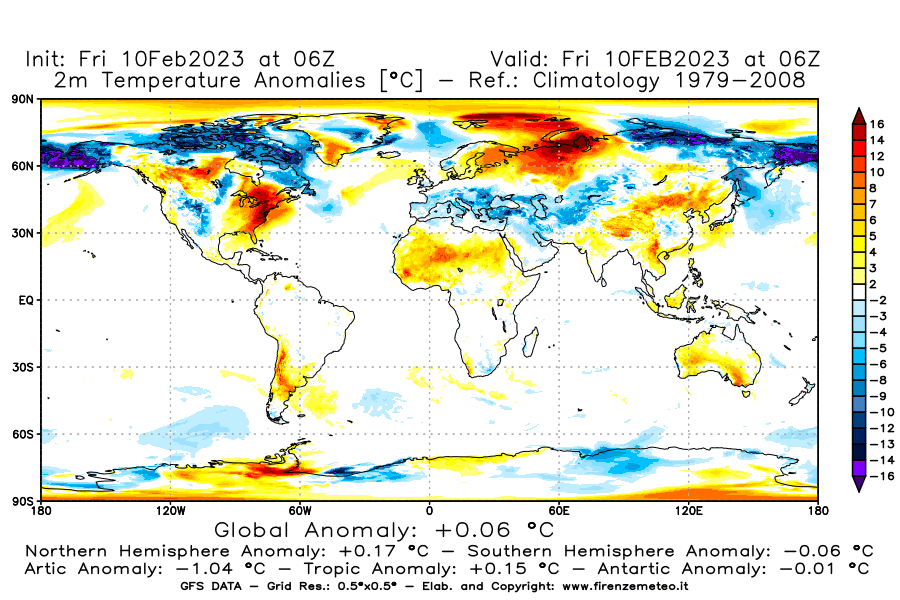 Mappa di analisi GFS - Anomalia Temperatura [°C] a 2 m in World
							del 10/02/2023 06 <!--googleoff: index-->UTC<!--googleon: index-->