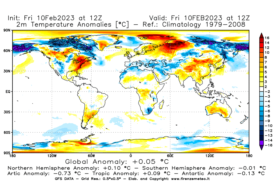 Mappa di analisi GFS - Anomalia Temperatura [°C] a 2 m in World
							del 10/02/2023 12 <!--googleoff: index-->UTC<!--googleon: index-->