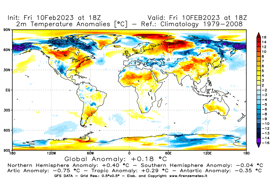 Mappa di analisi GFS - Anomalia Temperatura [°C] a 2 m in World
							del 10/02/2023 18 <!--googleoff: index-->UTC<!--googleon: index-->