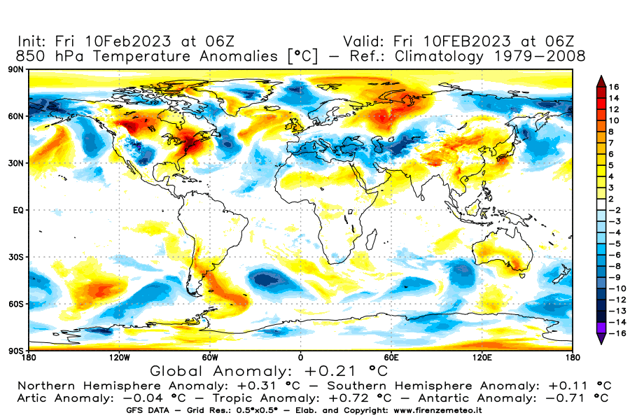 Mappa di analisi GFS - Anomalia Temperatura [°C] a 850 hPa in World
							del 10/02/2023 06 <!--googleoff: index-->UTC<!--googleon: index-->