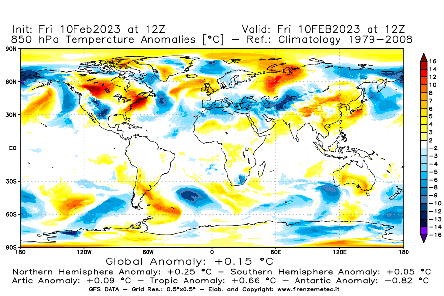 Mappa di analisi GFS - Anomalia Temperatura [°C] a 850 hPa in World
							del 10/02/2023 12 <!--googleoff: index-->UTC<!--googleon: index-->