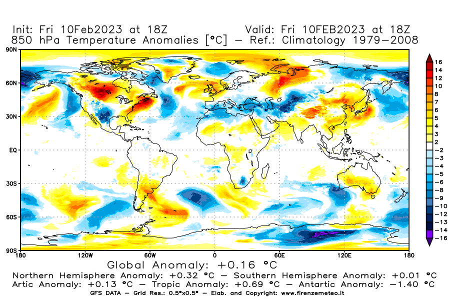 Mappa di analisi GFS - Anomalia Temperatura [°C] a 850 hPa in World
							del 10/02/2023 18 <!--googleoff: index-->UTC<!--googleon: index-->