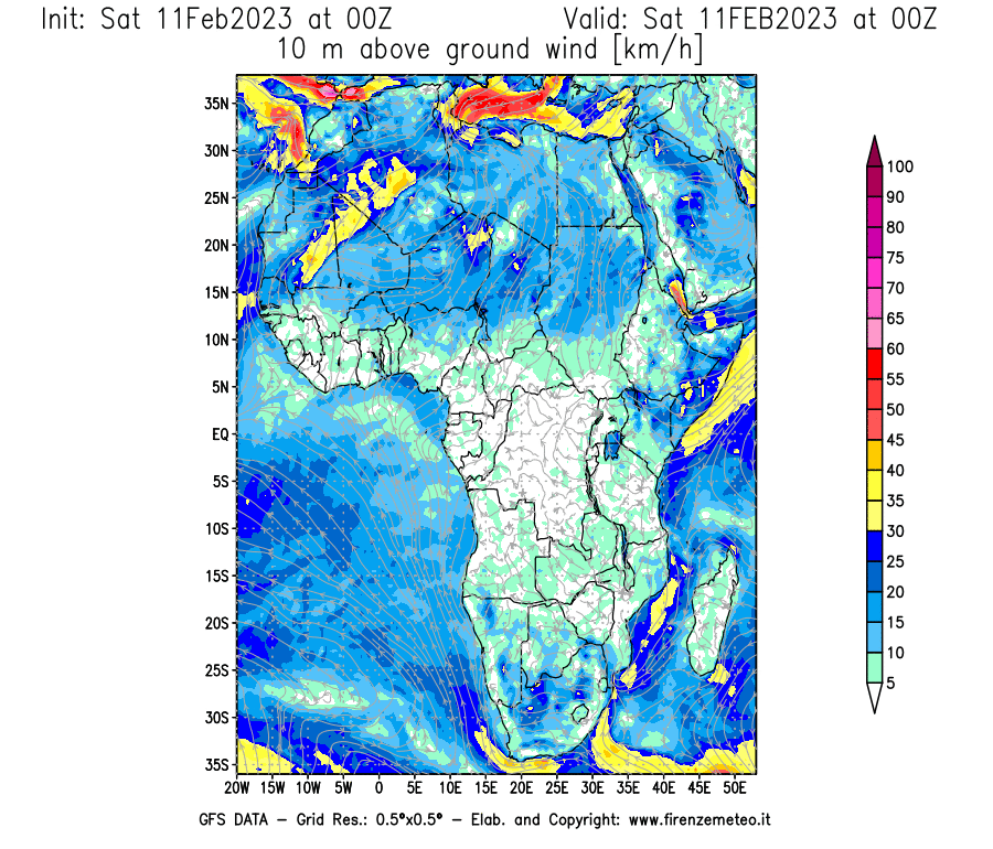 Mappa di analisi GFS - Velocità del vento a 10 metri dal suolo [km/h] in Africa
							del 11/02/2023 00 <!--googleoff: index-->UTC<!--googleon: index-->