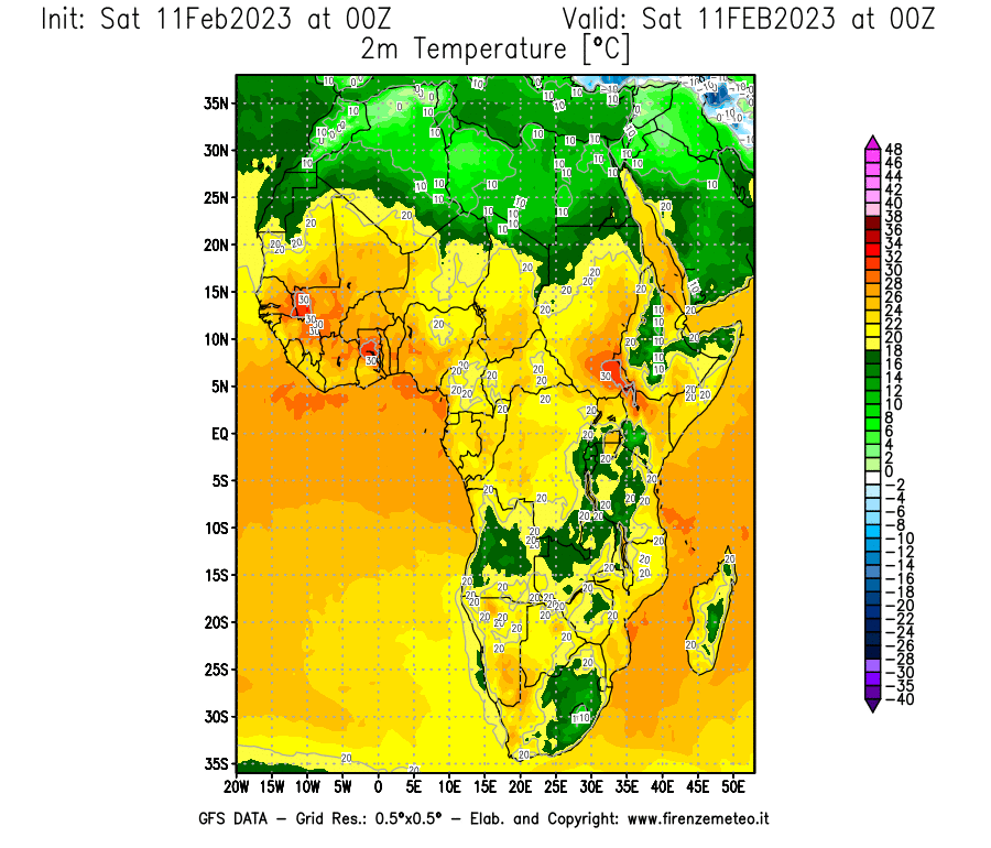 Mappa di analisi GFS - Temperatura a 2 metri dal suolo [°C] in Africa
							del 11/02/2023 00 <!--googleoff: index-->UTC<!--googleon: index-->