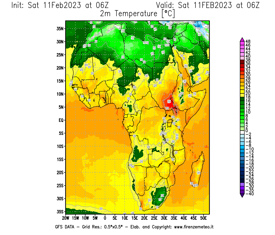 Mappa di analisi GFS - Temperatura a 2 metri dal suolo [°C] in Africa
							del 11/02/2023 06 <!--googleoff: index-->UTC<!--googleon: index-->