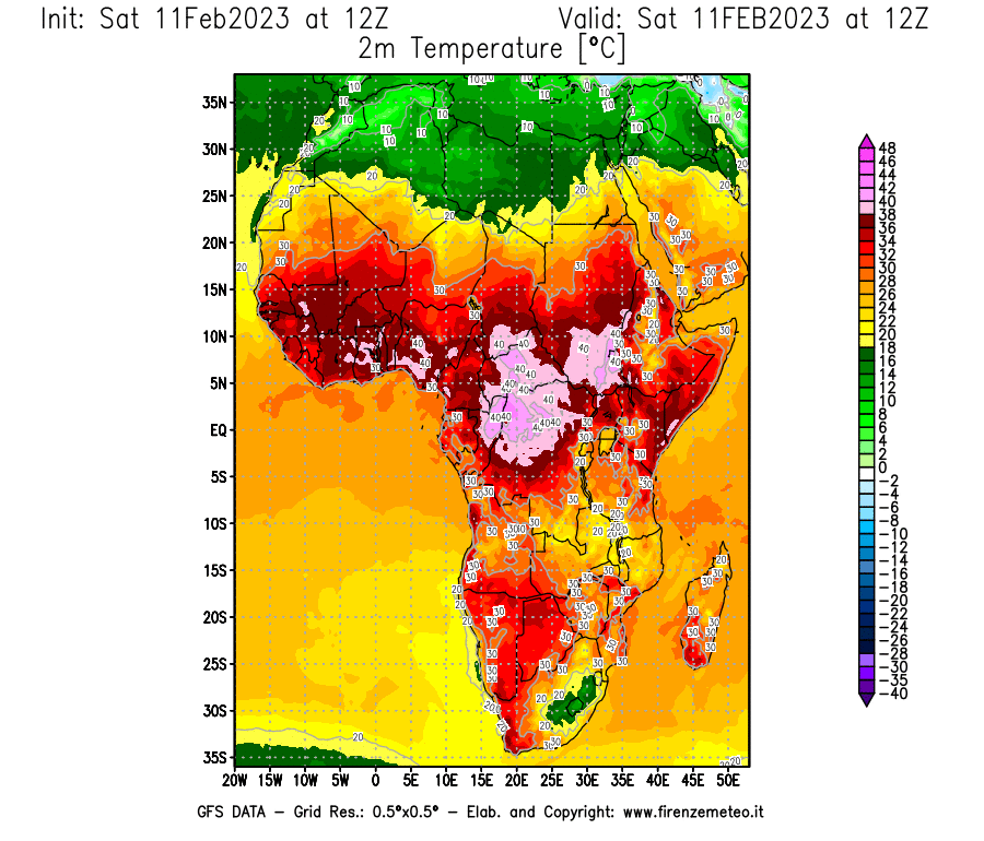 Mappa di analisi GFS - Temperatura a 2 metri dal suolo [°C] in Africa
							del 11/02/2023 12 <!--googleoff: index-->UTC<!--googleon: index-->
