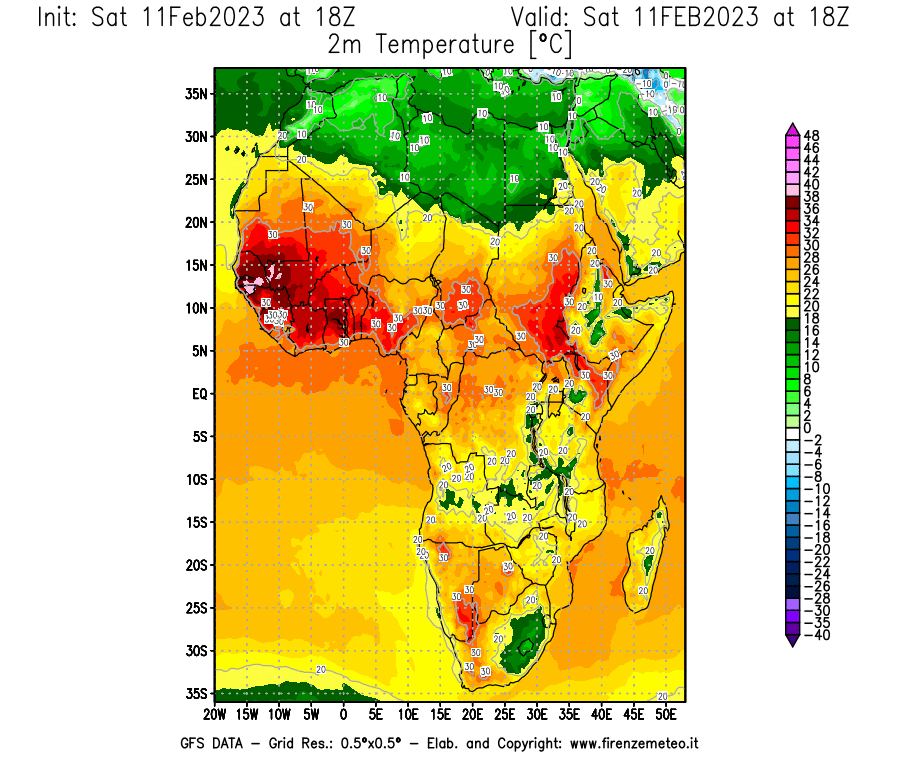 Mappa di analisi GFS - Temperatura a 2 metri dal suolo [°C] in Africa
							del 11/02/2023 18 <!--googleoff: index-->UTC<!--googleon: index-->