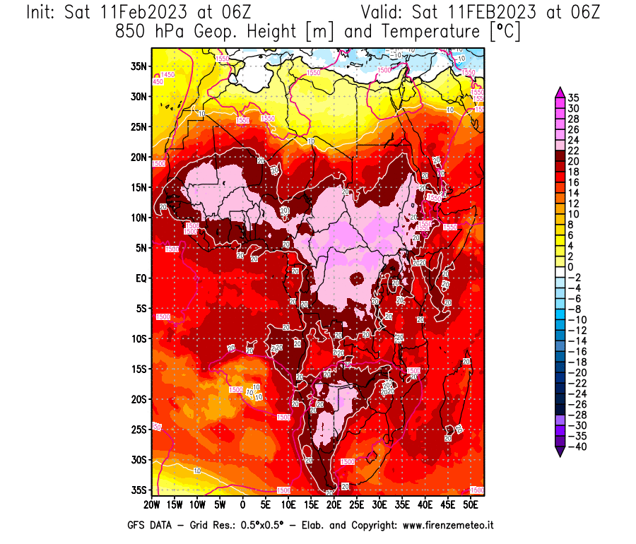 Mappa di analisi GFS - Geopotenziale [m] e Temperatura [°C] a 850 hPa in Africa
							del 11/02/2023 06 <!--googleoff: index-->UTC<!--googleon: index-->
