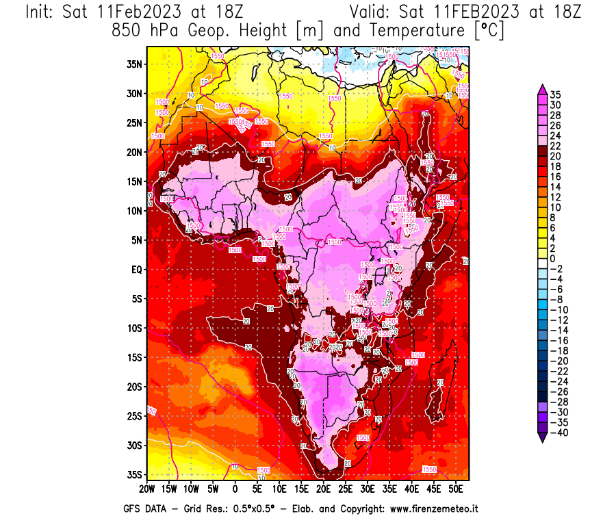 Mappa di analisi GFS - Geopotenziale [m] e Temperatura [°C] a 850 hPa in Africa
							del 11/02/2023 18 <!--googleoff: index-->UTC<!--googleon: index-->