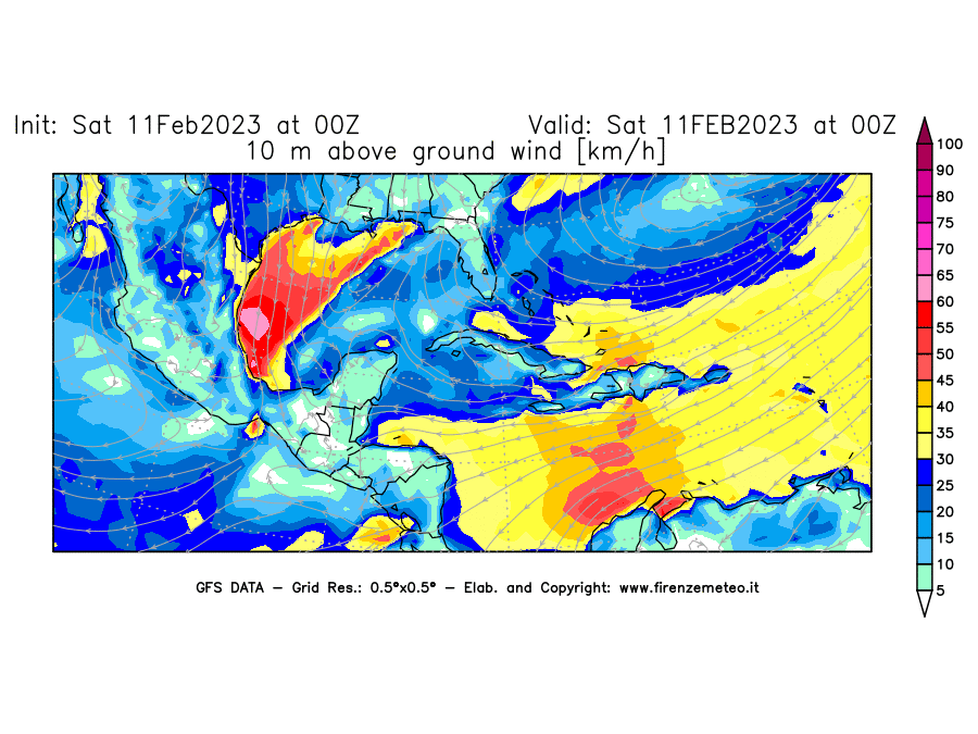 Mappa di analisi GFS - Velocità del vento a 10 metri dal suolo [km/h] in Centro-America
							del 11/02/2023 00 <!--googleoff: index-->UTC<!--googleon: index-->