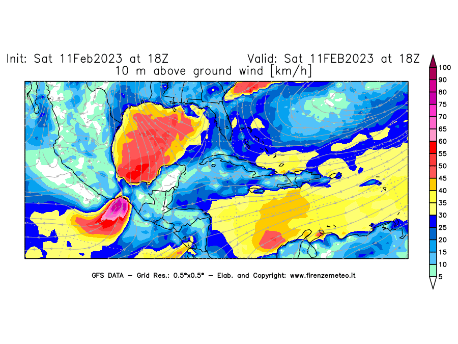 Mappa di analisi GFS - Velocità del vento a 10 metri dal suolo [km/h] in Centro-America
							del 11/02/2023 18 <!--googleoff: index-->UTC<!--googleon: index-->