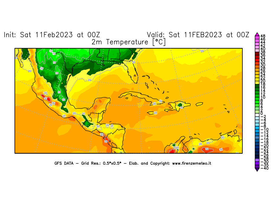 Mappa di analisi GFS - Temperatura a 2 metri dal suolo [°C] in Centro-America
							del 11/02/2023 00 <!--googleoff: index-->UTC<!--googleon: index-->
