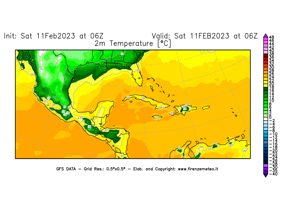 Mappa di analisi GFS - Temperatura a 2 metri dal suolo [°C] in Centro-America
							del 11/02/2023 06 <!--googleoff: index-->UTC<!--googleon: index-->