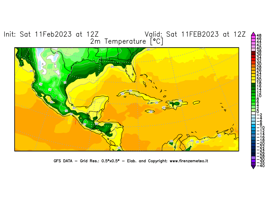 Mappa di analisi GFS - Temperatura a 2 metri dal suolo [°C] in Centro-America
							del 11/02/2023 12 <!--googleoff: index-->UTC<!--googleon: index-->