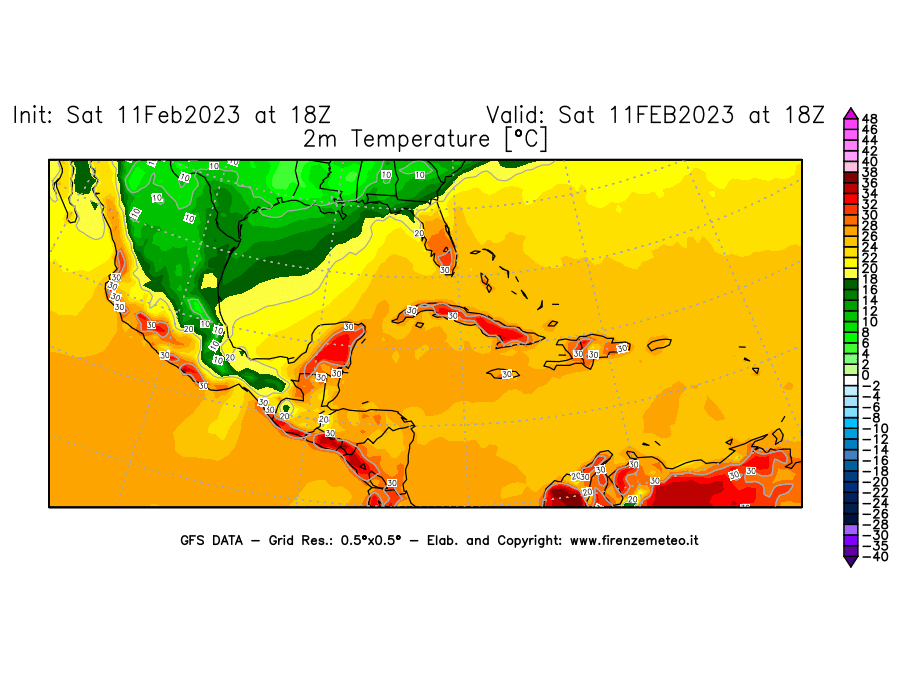 Mappa di analisi GFS - Temperatura a 2 metri dal suolo [°C] in Centro-America
							del 11/02/2023 18 <!--googleoff: index-->UTC<!--googleon: index-->