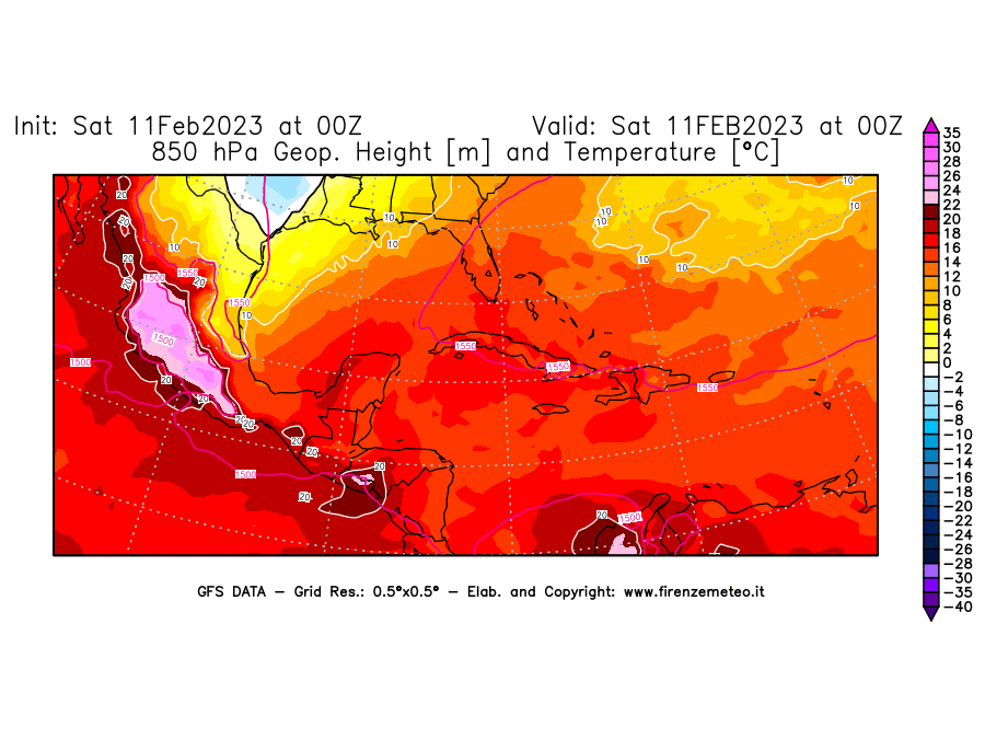 Mappa di analisi GFS - Geopotenziale [m] e Temperatura [°C] a 850 hPa in Centro-America
							del 11/02/2023 00 <!--googleoff: index-->UTC<!--googleon: index-->