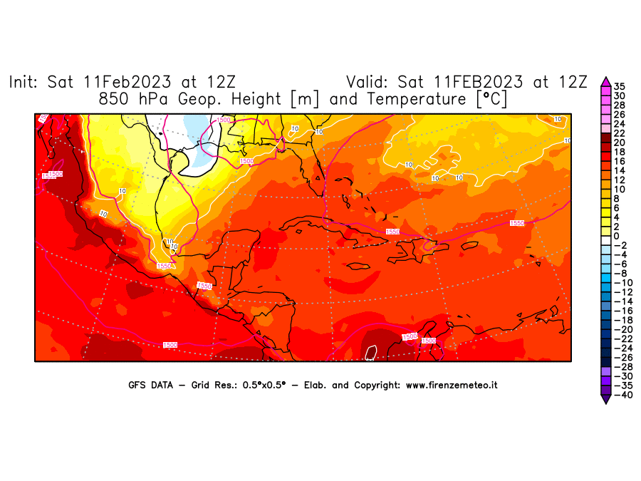 Mappa di analisi GFS - Geopotenziale [m] e Temperatura [°C] a 850 hPa in Centro-America
							del 11/02/2023 12 <!--googleoff: index-->UTC<!--googleon: index-->