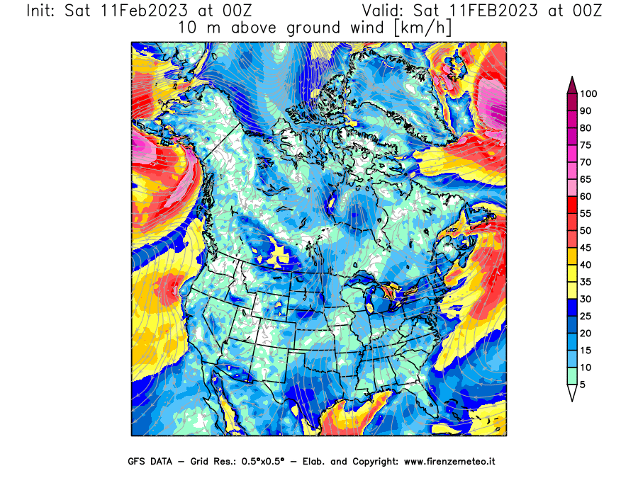 Mappa di analisi GFS - Velocità del vento a 10 metri dal suolo [km/h] in Nord-America
							del 11/02/2023 00 <!--googleoff: index-->UTC<!--googleon: index-->