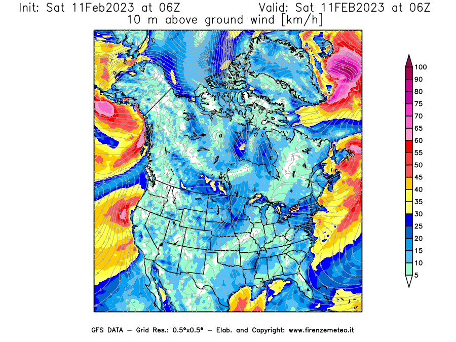 Mappa di analisi GFS - Velocità del vento a 10 metri dal suolo [km/h] in Nord-America
							del 11/02/2023 06 <!--googleoff: index-->UTC<!--googleon: index-->
