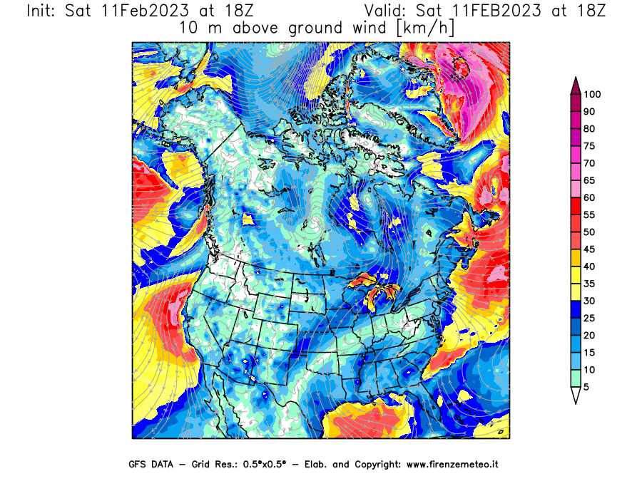 Mappa di analisi GFS - Velocità del vento a 10 metri dal suolo [km/h] in Nord-America
							del 11/02/2023 18 <!--googleoff: index-->UTC<!--googleon: index-->