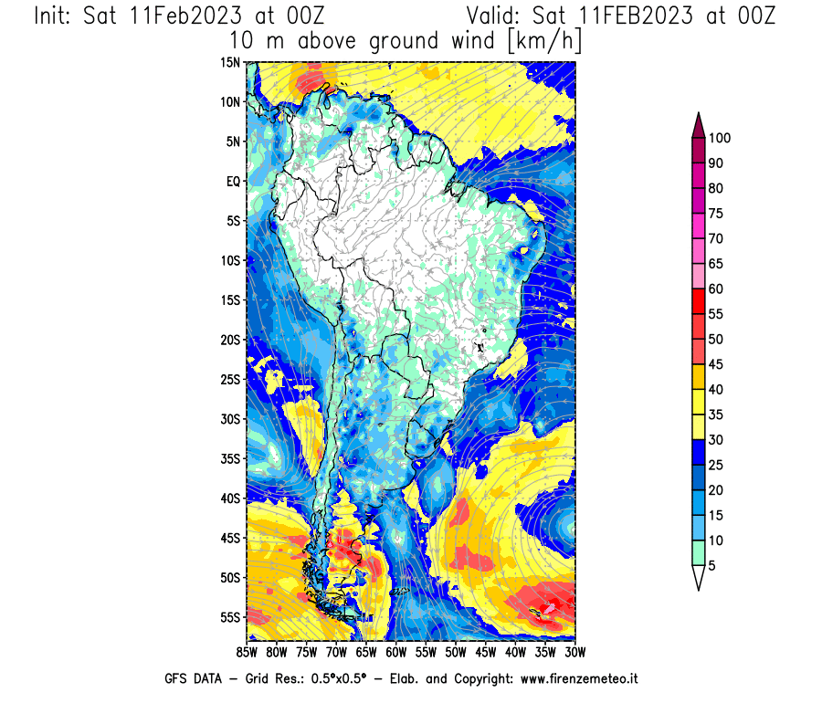 Mappa di analisi GFS - Velocità del vento a 10 metri dal suolo [km/h] in Sud-America
							del 11/02/2023 00 <!--googleoff: index-->UTC<!--googleon: index-->