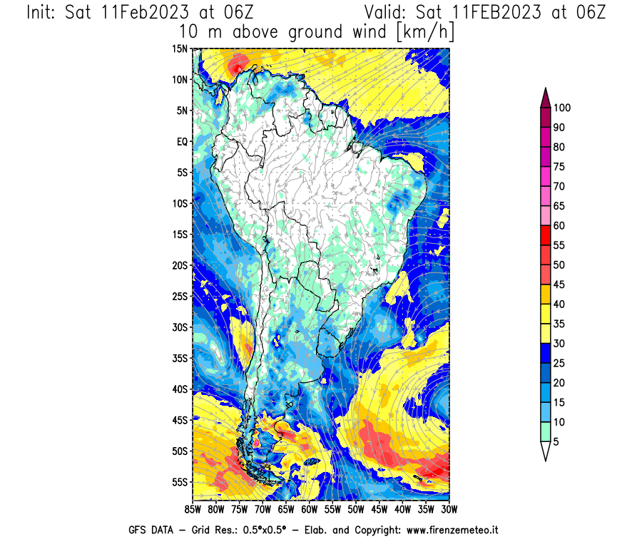 Mappa di analisi GFS - Velocità del vento a 10 metri dal suolo [km/h] in Sud-America
							del 11/02/2023 06 <!--googleoff: index-->UTC<!--googleon: index-->