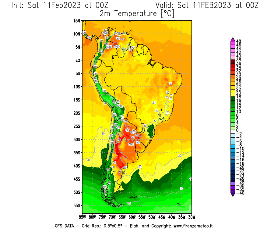 Mappa di analisi GFS - Temperatura a 2 metri dal suolo [°C] in Sud-America
							del 11/02/2023 00 <!--googleoff: index-->UTC<!--googleon: index-->