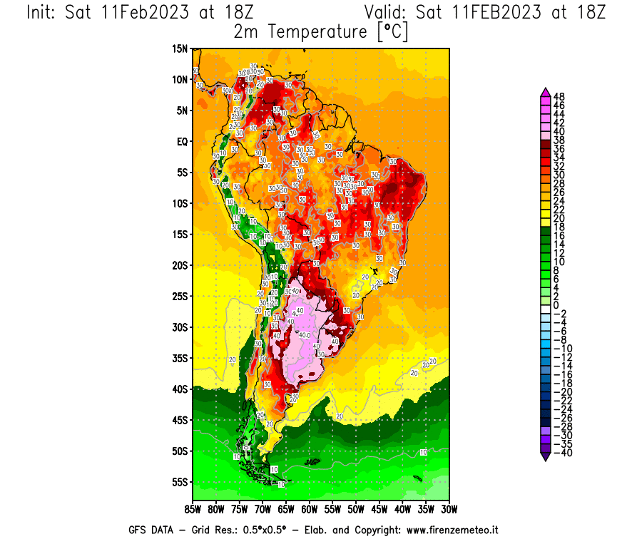 Mappa di analisi GFS - Temperatura a 2 metri dal suolo [°C] in Sud-America
							del 11/02/2023 18 <!--googleoff: index-->UTC<!--googleon: index-->