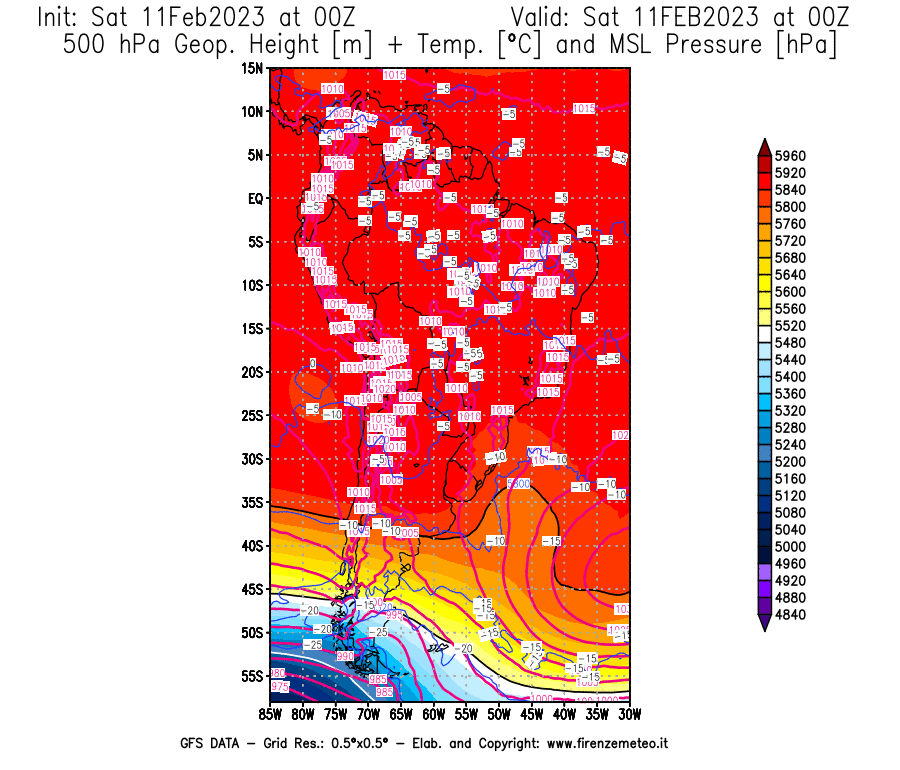 Mappa di analisi GFS - Geopotenziale [m] + Temp. [°C] a 500 hPa + Press. a livello del mare [hPa] in Sud-America
							del 11/02/2023 00 <!--googleoff: index-->UTC<!--googleon: index-->
