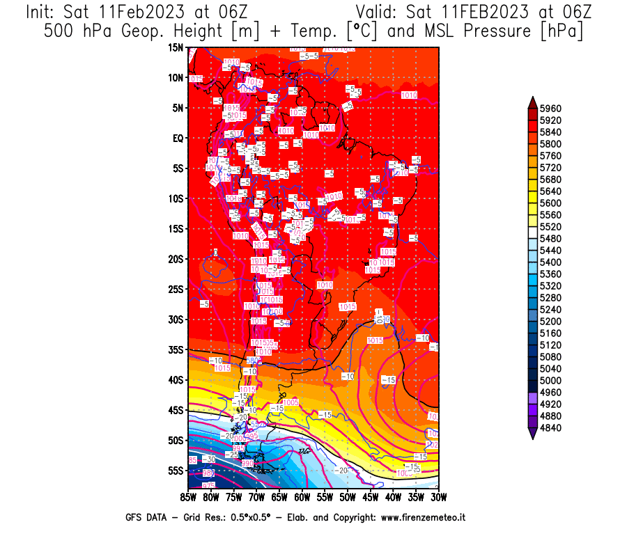 Mappa di analisi GFS - Geopotenziale [m] + Temp. [°C] a 500 hPa + Press. a livello del mare [hPa] in Sud-America
							del 11/02/2023 06 <!--googleoff: index-->UTC<!--googleon: index-->