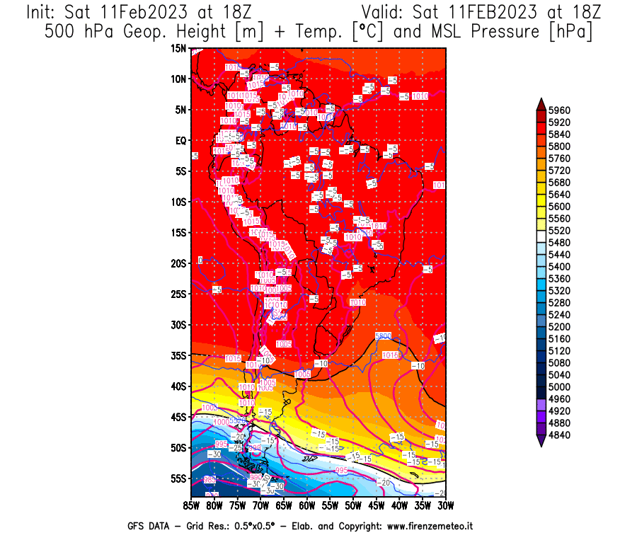 Mappa di analisi GFS - Geopotenziale [m] + Temp. [°C] a 500 hPa + Press. a livello del mare [hPa] in Sud-America
							del 11/02/2023 18 <!--googleoff: index-->UTC<!--googleon: index-->