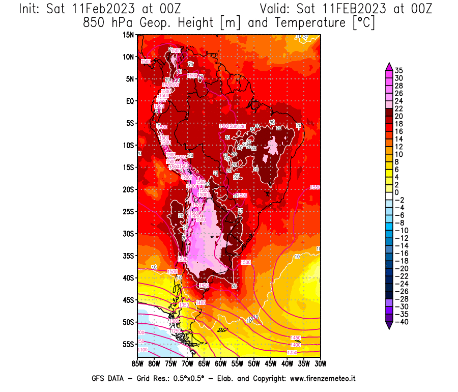 Mappa di analisi GFS - Geopotenziale [m] e Temperatura [°C] a 850 hPa in Sud-America
							del 11/02/2023 00 <!--googleoff: index-->UTC<!--googleon: index-->